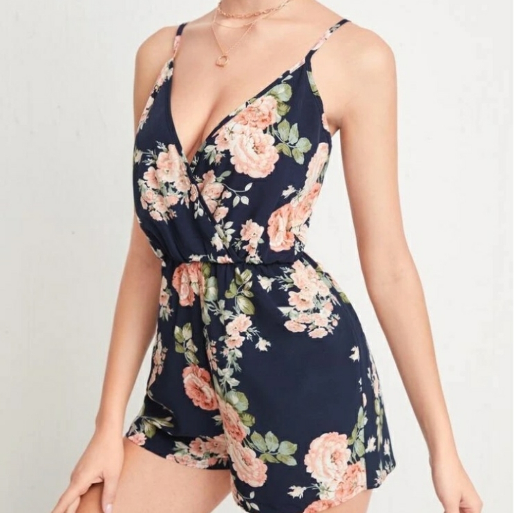Blue and pink floral tropical spaghetti strap tank romper